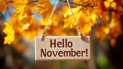 A cheerful sign saying Hello November hangs from a tree branch surrounded by vibrant orange and yellow autumn leaves, capturing the beauty of fall in a serene outdoor environment