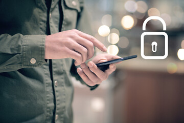 Businessman and lock icon on virtual screen, concept of privacy