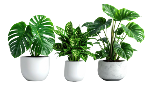 Trio of potted, leafy, vibrant houseplants on a plain background