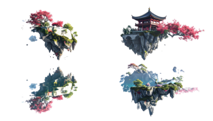 Floating islands with buildings, trees, and vibrant pink flora