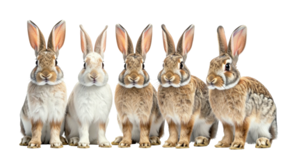 Five rabbits sit aligned, varying colors and textures