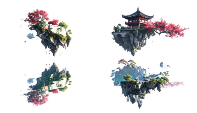 Floating islands with buildings, trees, and vibrant pink flora