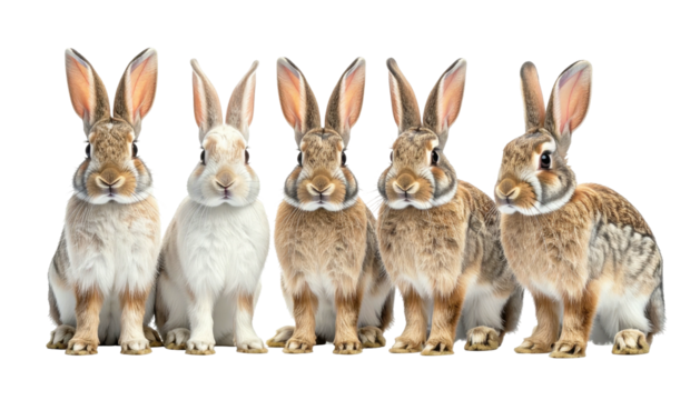 Five rabbits sit aligned, varying colors and textures
