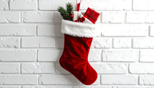 Red Christmas stocking stuffed with gifts hangs against a white brick wall. Holiday decor