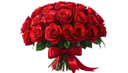 Bouquet of deep red roses tied with a glossy red ribbon