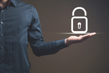 Businessman and lock icon on virtual screen, concept of privacy