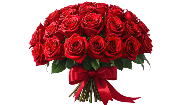 Bouquet of deep red roses tied with a glossy red ribbon