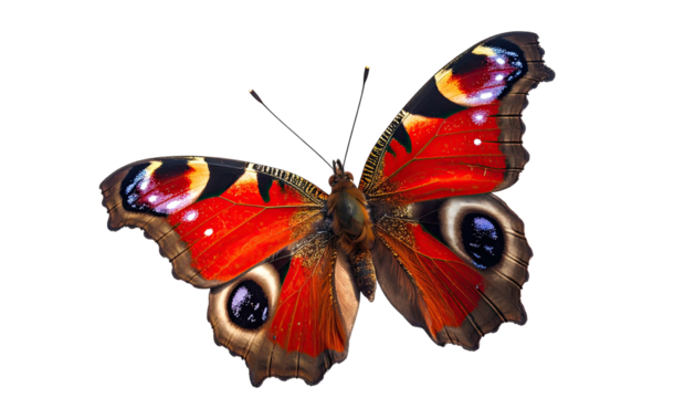 Red/brown butterfly, wings open, patterned with eye-like spots