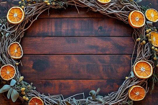 Rustic grapevine wreath adorned with dried orange slices and pinecones for seasonal decoration