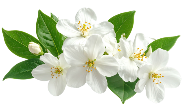 White flowers clustered with leaves. Isolated on black ground