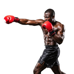 Powerful black male boxer delivering a fierce punch with red gloves isolated on transparent background