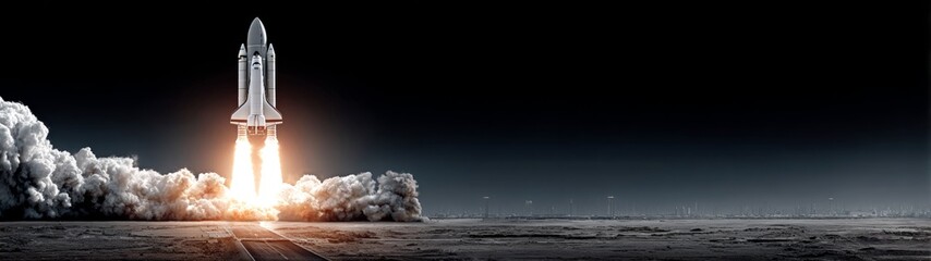 Journey to the stars: the silver rocket's odyssey. Scifi poster. The gleaming rocket's ascent with its smoky trail. Film poster. Blockbuster poster.