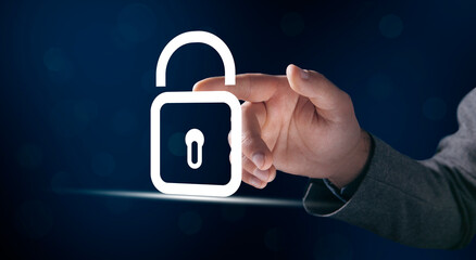 Businessman and lock icon on virtual screen, concept of privacy
