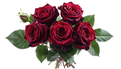 Deep red roses bouquet with green leaves on a black background