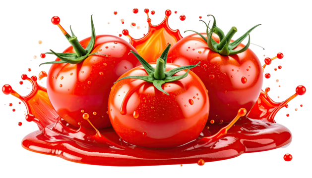 Tomatoes in a red liquid splash, vibrant, ripe, and juicy