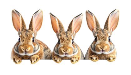 Three brown bunnies peering from above, lined up close