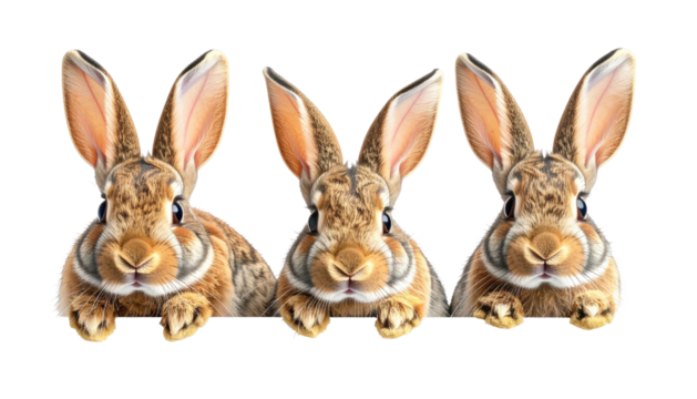 Three brown bunnies peering from above, lined up close