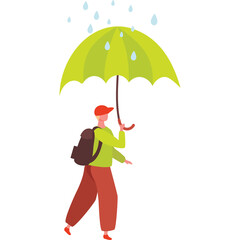 Person Walking Under Green Umbrella During Light Rain Wearing Red Pants Green Long Sleeve Shirt and Red Cap with Backpack