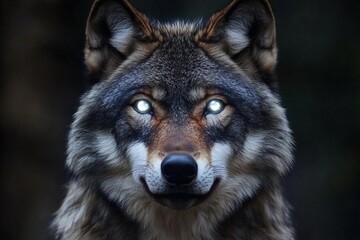 Fototapeta premium Wolf with radiant eyes reflects the power of the moon in a mystical forest setting under twilight sky