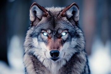Obraz premium Wolf with radiant eyes reflects the power of the moon in a mystical forest setting under twilight sky