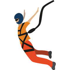 Person Wearing Orange Shirt Blue Helmet and Goggles Jumps with Bungee Cord Attached to Harness Outdoor Activity Extreme Sport