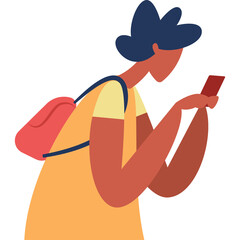 Person Wearing Yellow Dress and Red Backpack Using Mobile Phone With Blue Hair and Brown Skin Tone Wearing Short Sleeves