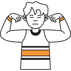 Person Blocking Ears with Fingers Eyes Closed Wearing White Tank Top With Orange Stripes and Black Trim