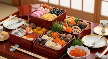 食卓に並べられた三段重のおせち料理