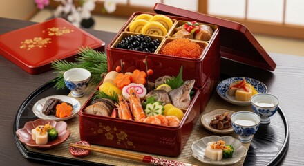 お正月の祝膳、おせち料理と日本酒