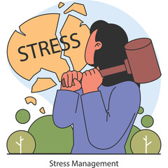 Person Breaking STRESS Word With Hammer In Flat Illustration Style And Blue Light Background With Green Trees And White Circles
