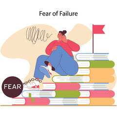 Person Chained To Books Symbolizing Fear Of Failure And Overcoming Challenges To Reach Goal Flag On Stack Of Books