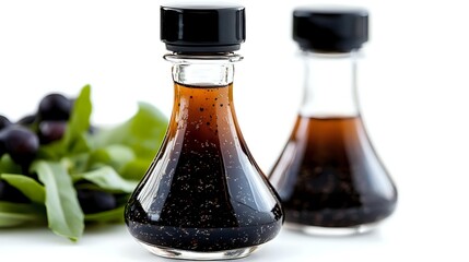 Homemade balsamic vinegar dressing in glass bottles with fresh herbs and olives, perfect for gourmet salads and marinades.