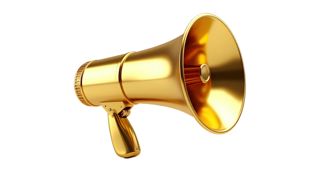 Gleaming golden megaphone isolated against black