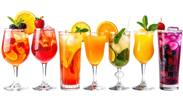 Row of seven colorful fruit cocktails with ice