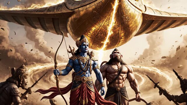 Ancient Hindu Aliens Lord Rama and Hanuman Witnessing a Vimana UFO, A Conspiracy Theory Illustration