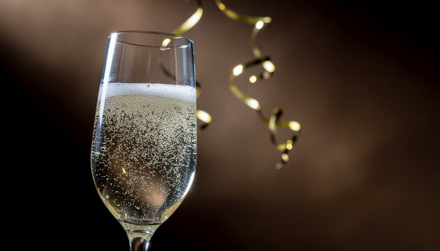 Close-up of a flute of bubbly champagne with a gold streamer on a dark brown background, symbolizing a toast for a special occasion