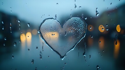 Heart shape drawn on rainy window glass with water droplets, blurred city lights in background creating romantic atmosphere.