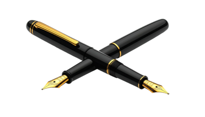Crossed fountain pens, black bodies with gold nibs, elegant writing