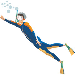 Person In Blue Orange Wetsuit And Snorkel Gear Swimming Underwater With Bubbles And Flippers