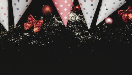 Celebration concept with colorful party hats, shiny ornaments, and golden confetti arranged as a top border on a black background