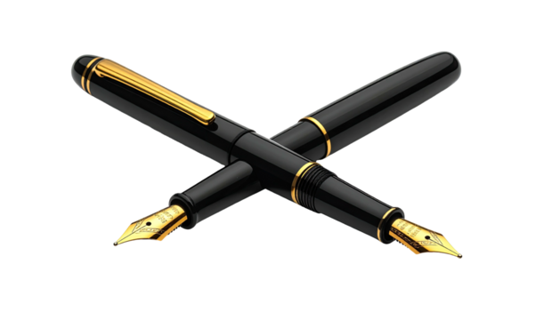 Crossed fountain pens, black bodies with gold nibs, elegant writing