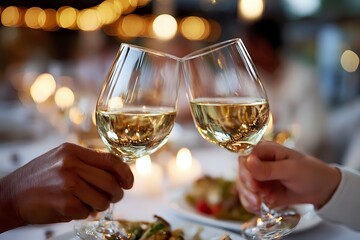 Two hands toasting with white wine glasses during romantic dinner with elegant table setting and warm bokeh background.