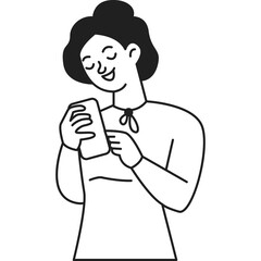Person Looking At A Device With A Smile White Top And Dark Hair Outline Drawing