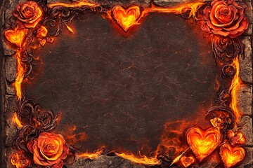 Volcanic ember frame with molten hearts creating a fiery romantic atmosphere for special events
