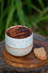 A warm cup of hot chocolate topped with cocoa powder served with cookie on rustic wooden table in natural outdoor setting.