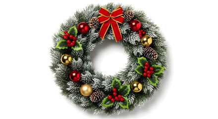 Elegant Christmas wreath with vibrant ornaments, pine cones, and delicate fairy lights creates a warm, festive holiday mood for your seasonal celebrations on isolated white background.
