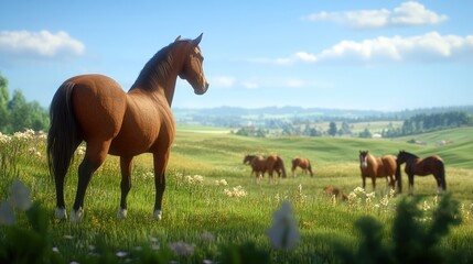 Obraz premium Horses graze idyllic pasture, rolling hills background