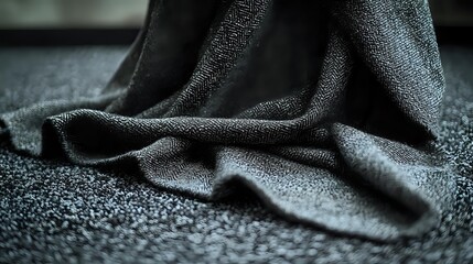 Dark textured fabric with soft folds and creases against matching textured surface, creating monochromatic contrast between shadows and highlights.