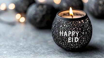 Decorative black metal candle holder with "HAPPY EID" text and glowing flame against blurred festive background for Islamic holiday celebration.