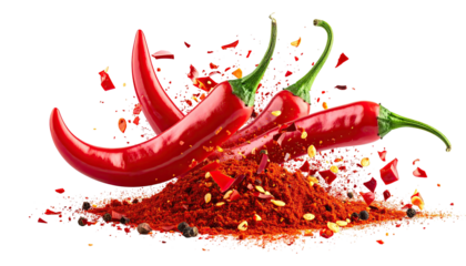 Red chili peppers atop a mound of powder, with spicy sprinkles